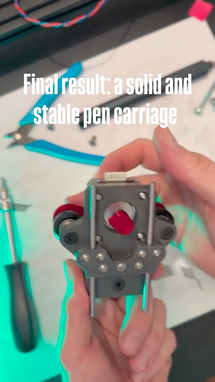 After many iterations, today I finally replaced the old pen carriage with the new design.

The goal was simple: create a more solid and stable pen movement system while keeping the structure compact and lightweight. The new pen car lowers the center of gravity and improves the overall rigidity of the mechanism, which should help the V-slot wheels run smoother and more precisely.

This upgrade is also part of a bigger change in the system. I’m redesigning several components to eliminate previous EMI issues and make the plotter more reliable during long drawing sessions.

But in DIY machine building, the real truth always comes during testing.

Next step: mounting the motors and running the first movement tests. And honestly, this is the moment when I usually discover the small issues that still need fixing.

That’s part of the process.

Follow the journey if you want to see how this pen plotter evolves from prototype to a reliable drawing machine.

⚙️ Would you keep the system compact like this, or would you go for a heavier but more rigid setup? Curious about your thoughts.

Stay tuned for the first motion tests.
#penplotter #generativeart #art