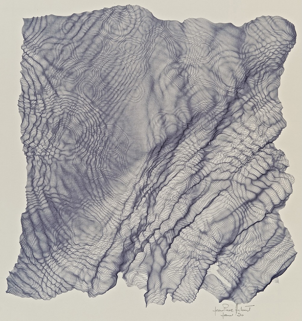 Jean-Pierre Hébert is considered a pioneer in the field of digital art from the mid-1970s on. He has developed his personal computer code into a powerful tool that drives plotters and custom-built devices, pushing the artistic and technical boundaries and creating an original, extensive body of work. Long before modern computer displays allowed one to pre-visualize an idea, Jean-Pierre was imagining and creating amazingly complex pieces, existing only in his mind—and in his code. Hébert produces works on paper, including ink and pencil drawings, etchings and dry points from polymer and copper plates. He also creates sand, water and sound installations, and artist’s books.
The aim of his work remains an expression of quiet beauty and peaceful meditation.
Jean-Pierre Hébert co-founded the Algorists in 1995 with Roman Verostko. Since 2003, he has been artist-in-residence at the Kavli Institute for Theoretical Physics at the University of California, Santa Barbara, where he has organized and curated several Algorist group shows. In 2012, he received the ACM Siggraph Distinguished Artist Award for Lifetime Achievement in Digital Art.

Source: https://www.interaliamag.org/articles/jean-pierre-hebert/